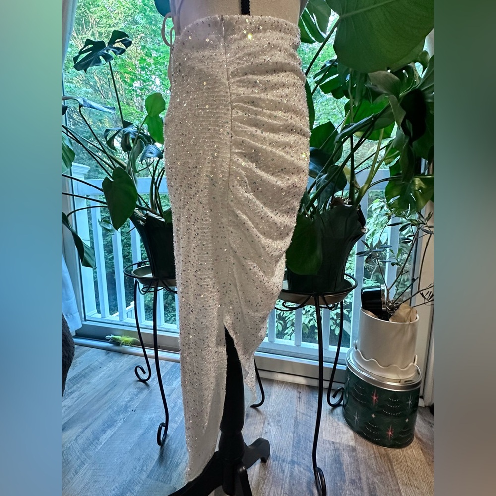 NWOT Selfie Leslie White Sequin Asymmetrical Midi Dress - Picture 7 of 10